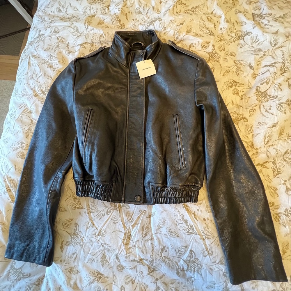 Zara Black Leather Bomber Jacket